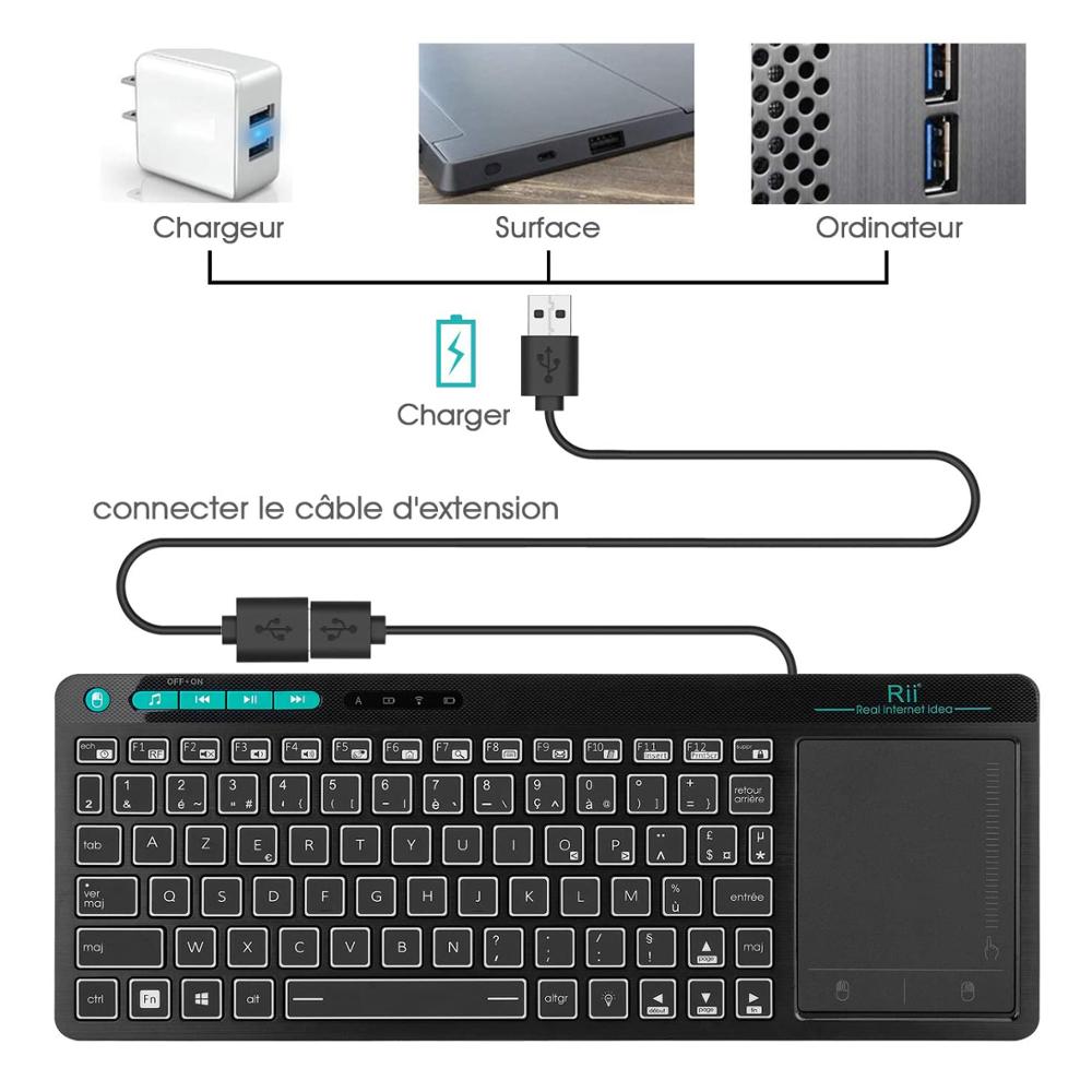 Rii K18 Plus Wireless Multimedia French AZERTY Keyboard 3-LED Color Backlit with Multi-Touch for TV Box,PC