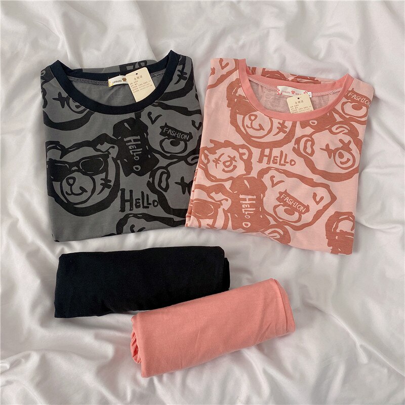 Summer Pajamas Women's Cotton Short-sleeved Sleepwear Lovers Bear Round Neck Cute Men And Women Homewear Thin Cotton Suit