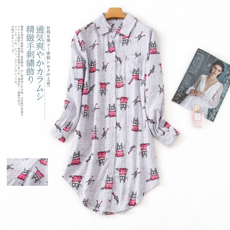 Mais tamanho de moda inverno noite vestido feminino pijamas pijamas 100% algodão escovado fresco: White Cat / XL