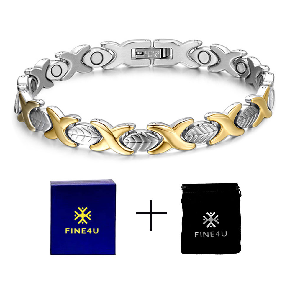 fein4U B077 Hand Kette Blatt Magnetische Gesundheit Armbänder & Armreifen 316L Edelstahl Energie Gesunde Armbinde Für Frauen: Silber-3