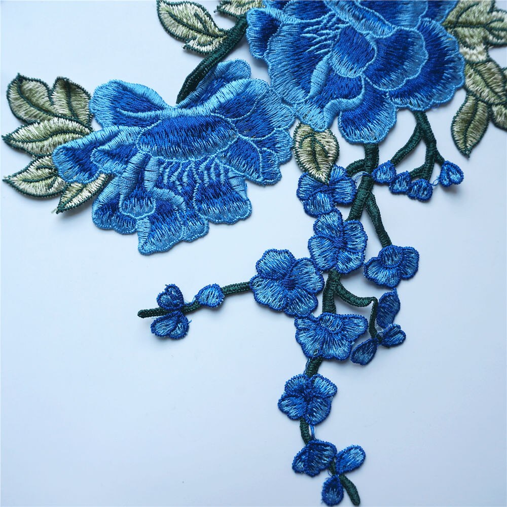 2 STUKS Blauw Pioen Bloemen Bladeren Borduren Stof Applicaties Sew Patches Trimmings Voor Avondjurk DIY Bruiloft Decoratie