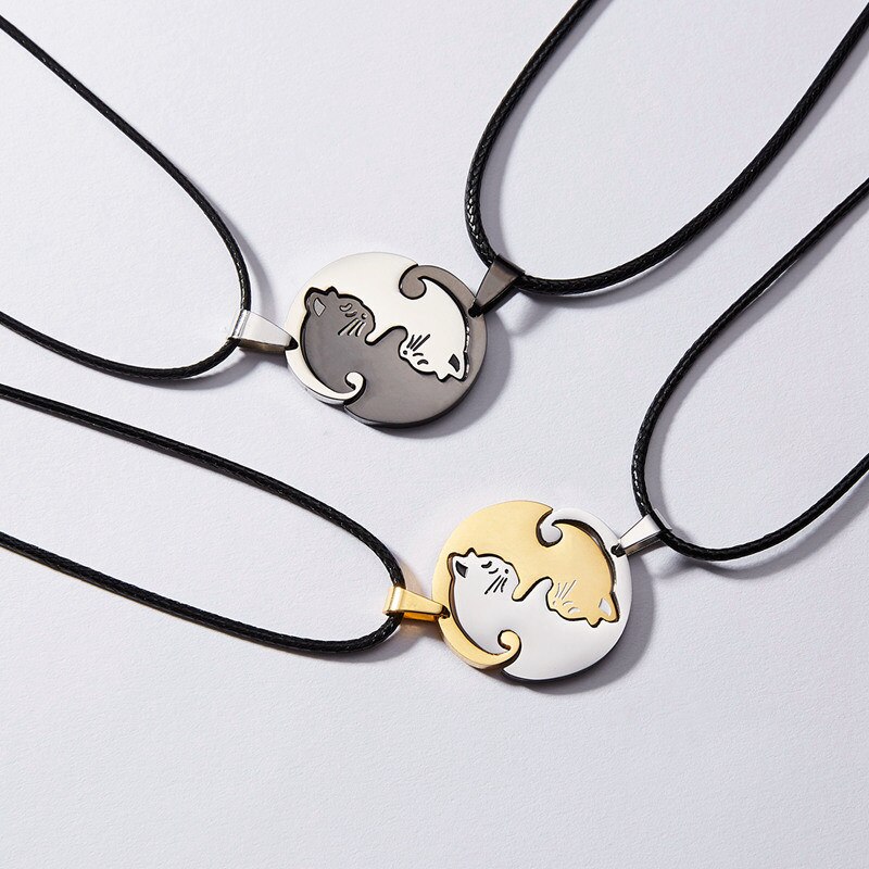 Trend Splice 2 PCS/Set Moon Cat Heart Pendant Necklace For Couple Stainless Steel Family Friend Women Chain Choker Jewelry