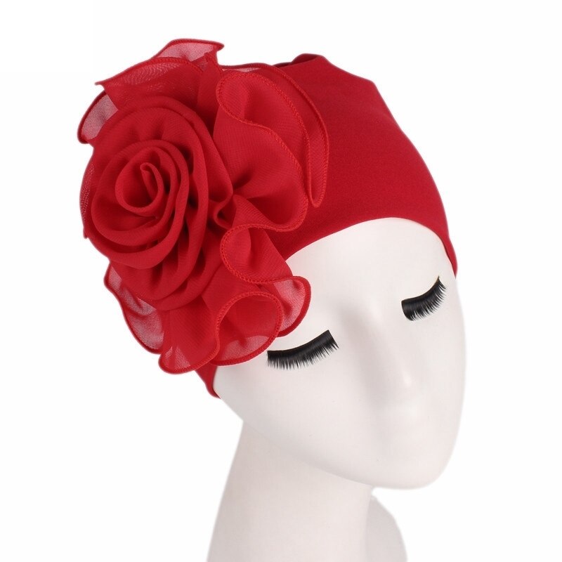 Turbante elástico de flor grande para mujer, gorro de la India, gorros para el pelo, gorro para el pelo para dormir, accesorios de estilismo de belleza: Rojo