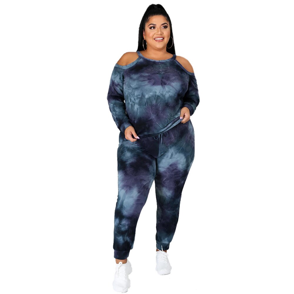 Dames blauw groot casual sportpak met off-shoulder tie dye sportkleding voor dames, maat 5xl