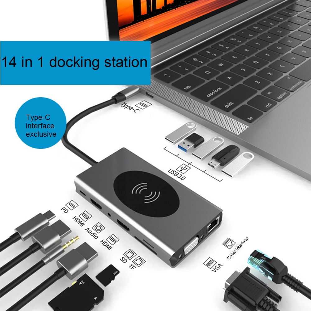 Type C Hub 14 In 1 Hdmi RJ45 Vga Triple Display Usb Hub 3.0 Adapter Dock Voor Macbook Pro Kaart kaartlezer Usb Splitter Usb C Hub: 14 in 1