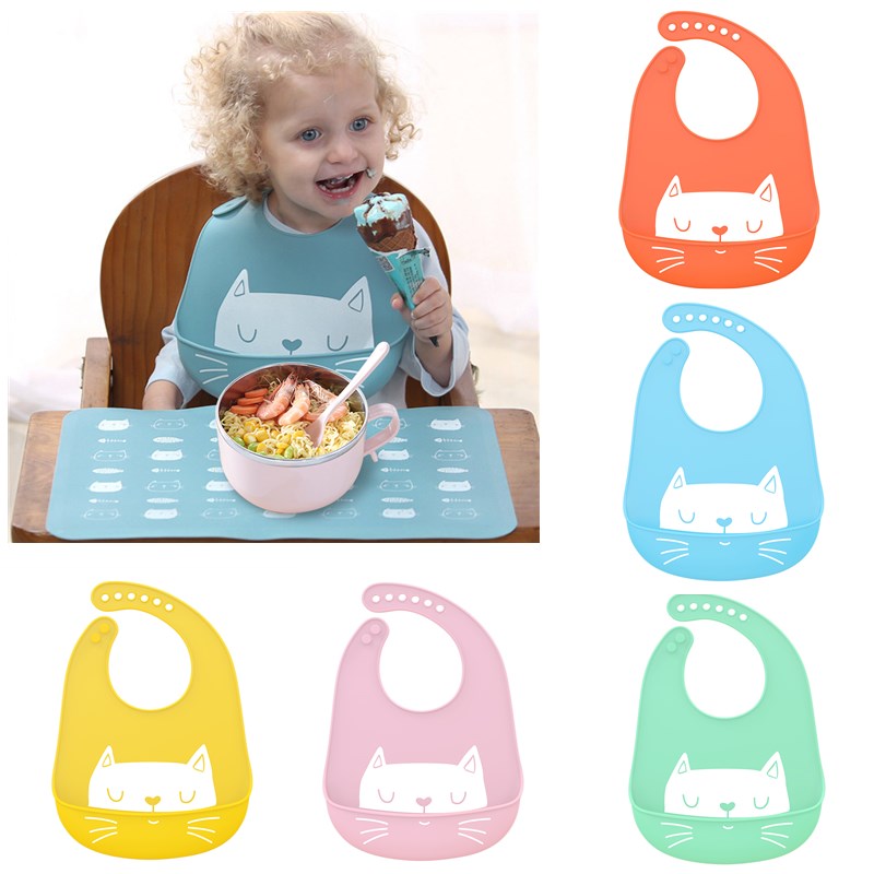 Soft Silicone Feeding Bib Waterproof Adjustable Snaps Cartoon Baby Bibs For Infants And Toddlers With Food Catcher Pocket
