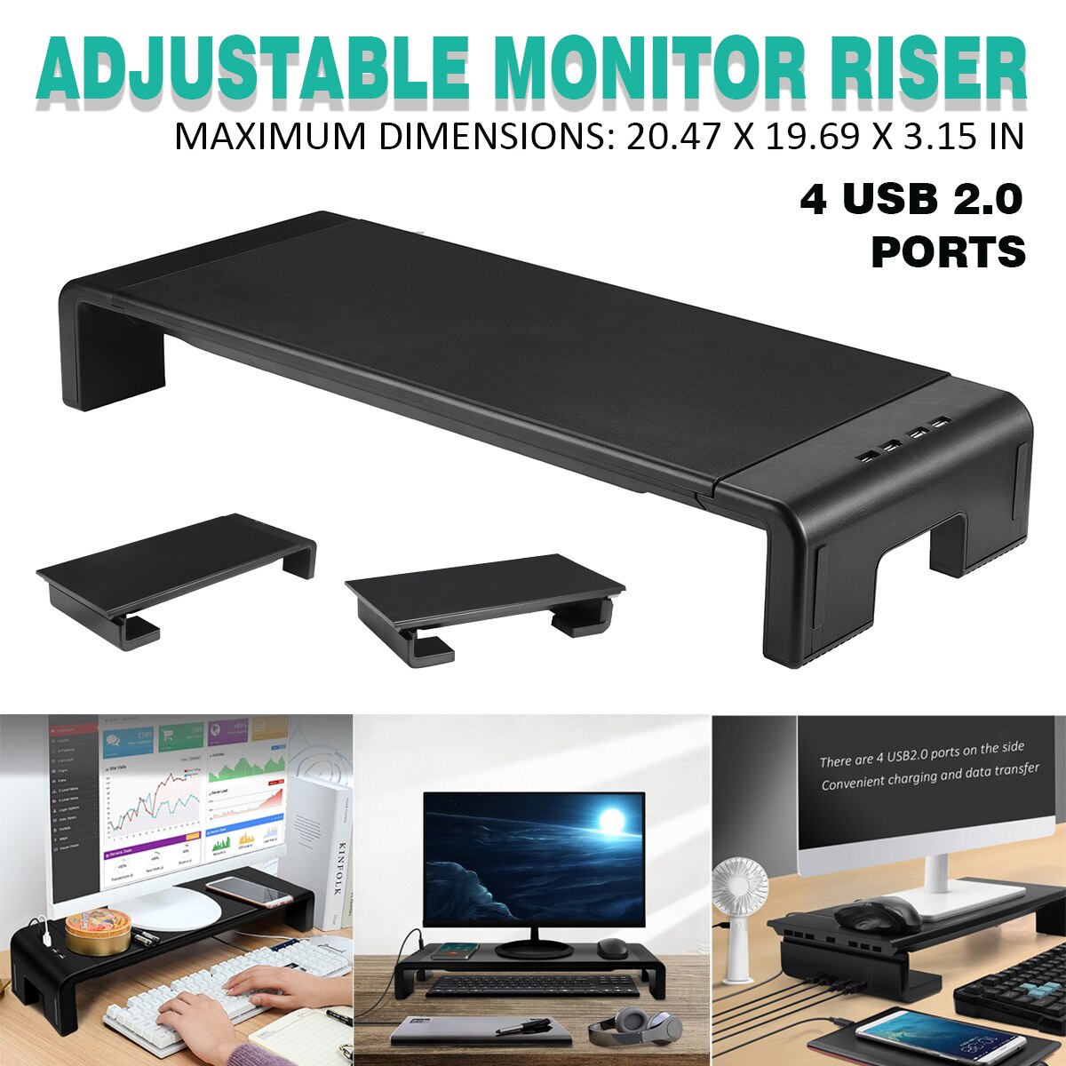 Smart 4 USB 2.0 Ports Monitor Riser Multi-function Desktop Computer Screen Shelf Stand Laptop TV Stand Desk Holder Accessories