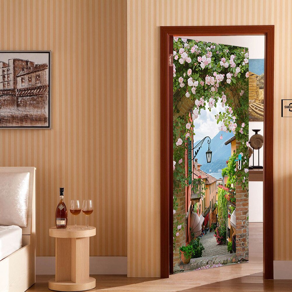 3D Door Deco Sticker Wallpaper Waterproof Vinyl PVC House Bedroom Door Decoration Sticker Rose Arch Door Wallpaper Stickers