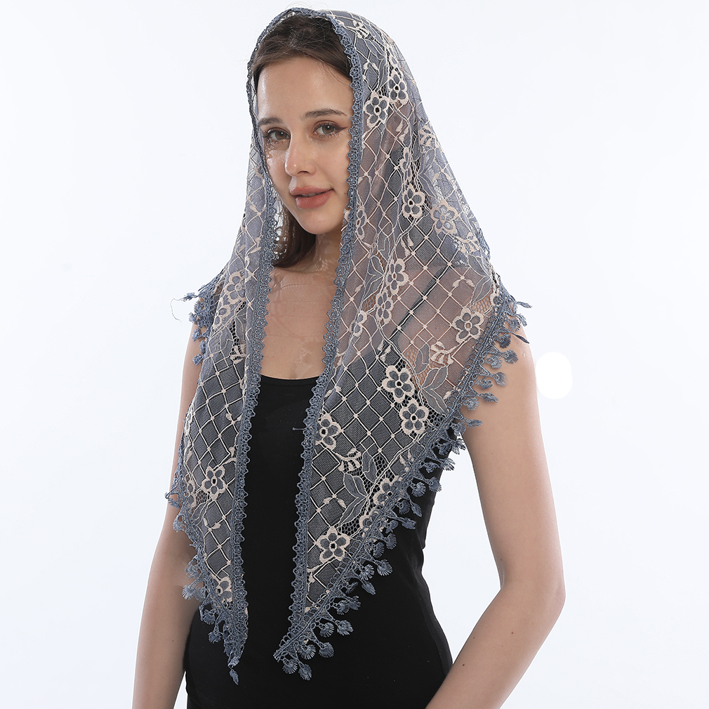 Bufanda de encaje triangular bordada para chal de iglesia Mantilla española velo católico bufanda de iglesia para mujer pañuelo negro blanco