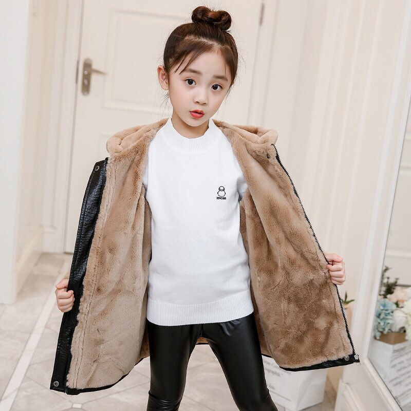 Faux Lederen Jas Meisjes Hooded Parka Fleece Jas Lange Lederen Elastische Taille Lederen Fleece Stof Waterdichte Bovenkleding Jas