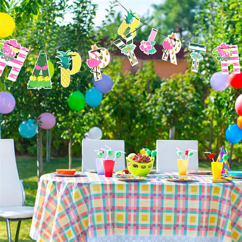 1 Set of Hawaii Aloha Happy Birthday Banner Flamingo Birthday Banner Cake Toppers Card Hawaiian Themed Party Decorated