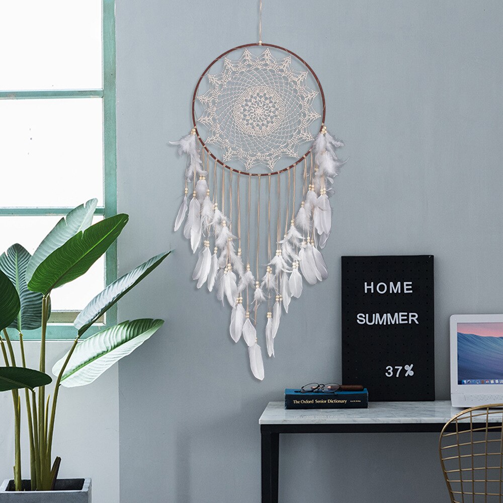 1pc stora drömfångare nordisk stil vit fjäder vindspel barnrum hemhängande dekoration bröllopsfest tillbehör 110-120cm: Ms0071