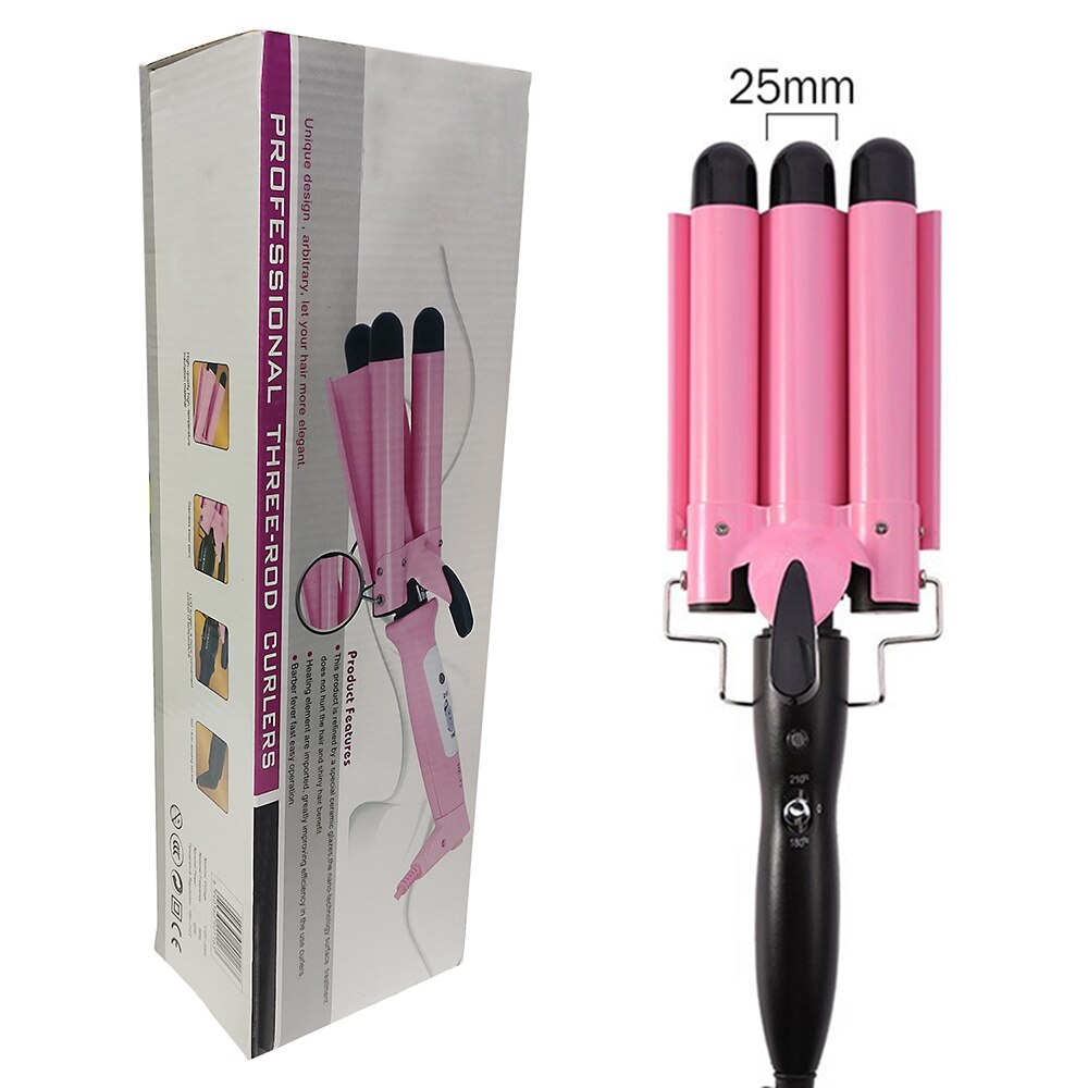Lokówka robić włosów potrójna lokówka narzędzia robić włosów ceramiczna lokówka robić włosów profesjonalna lokówka robić włosów lokówki robić włosów dla kobiet: różowy z pudełkiem 25mm / US