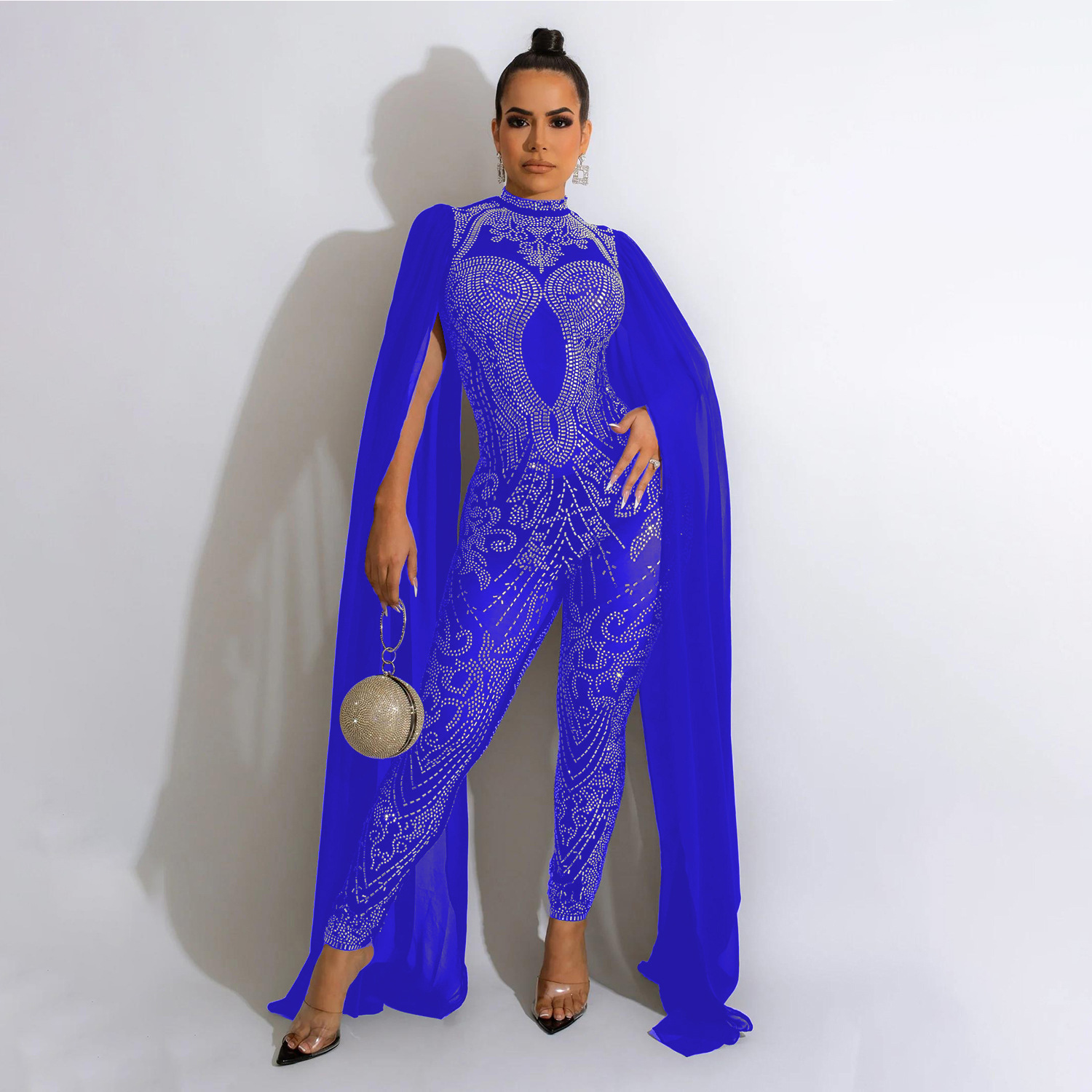 Sjalärm mesh kristall jumpsuit dam jumpsuit lyxig transparent paljetter festjumpsuit födelsedagsset balklänningar