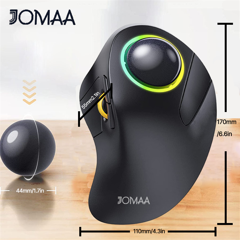JOMAA RGB-hintergrundbeleuchtete kabellose Trackball-Maus, kabellos, 2,4 G, wiederaufladbar, ergonomische Rollerball-Gaming-Maus für Laptop, Mac, iPad, Spiel