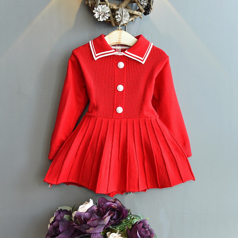 Børn vinter sweatere baby pige strikket kjole efterår varm efterår piger sweater kjole outfits kjoler småbørn pige tøj 2-6y: Rød / 5-6t