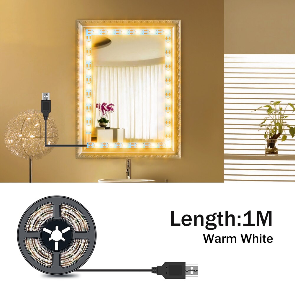Luz LED para espejo de tocador de maquillaje, lámpara de belleza alimentada por USB para iluminación de decoración del hogar, 1M, 2M, 3M, 4M, 5M, 5V: 1M Warm White