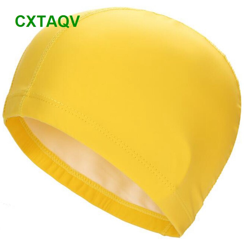 Comfortable Fit Adult Men Women Blank Swimming Cap Elastic Waterproof PU Fabric Protect Ears & Long Hair Swim Pool Hat: Yellow