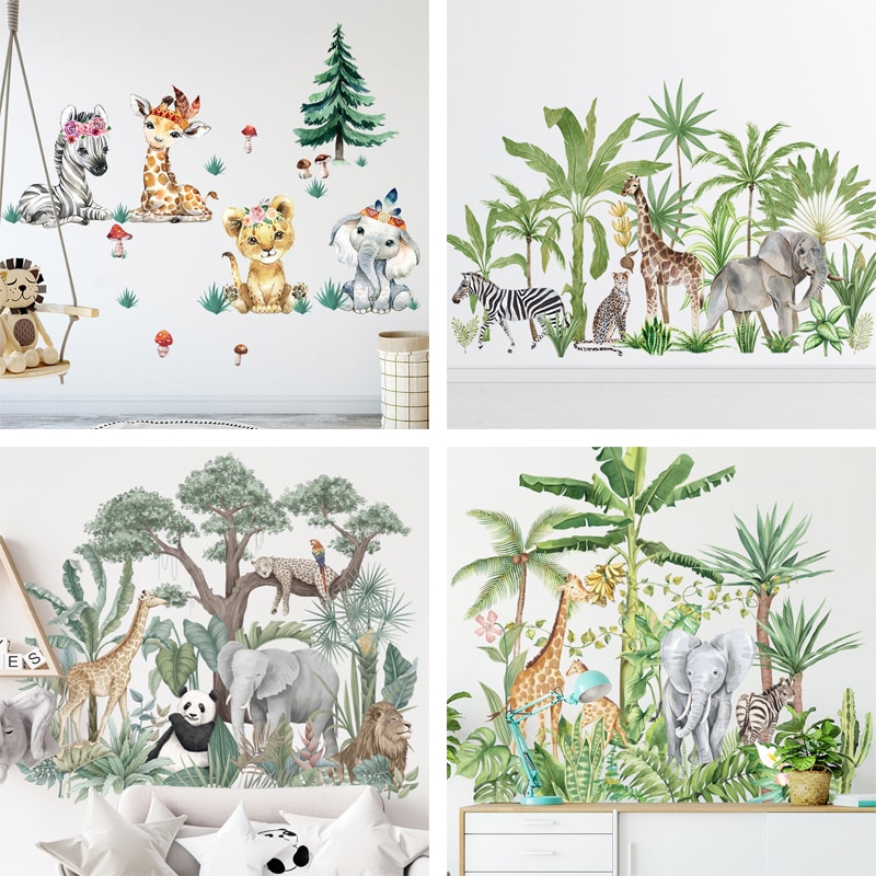 Large Cartoon African Animals Wall Stickers for Kids Room Elephant Giraffe Home Decor PVC Vinyl Wall Baby Room Decoration