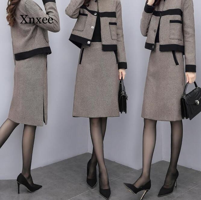 Trajes de lana Vintage para mujer, chándales elegantes de Corea de color marrón, chaqueta, abrigo, falda, conjunto de dos piezas para mujer
