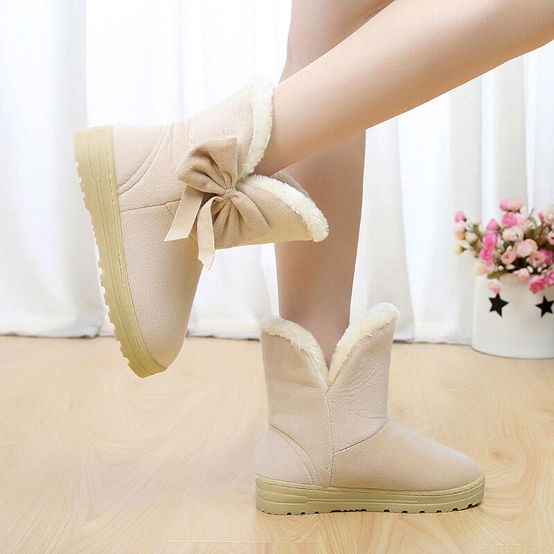 femmes bottes de neige hiver fourrure bottines femme noeud papillon plus en peluche daim caoutchouc plat sans lacet plate-forme dames chaussures