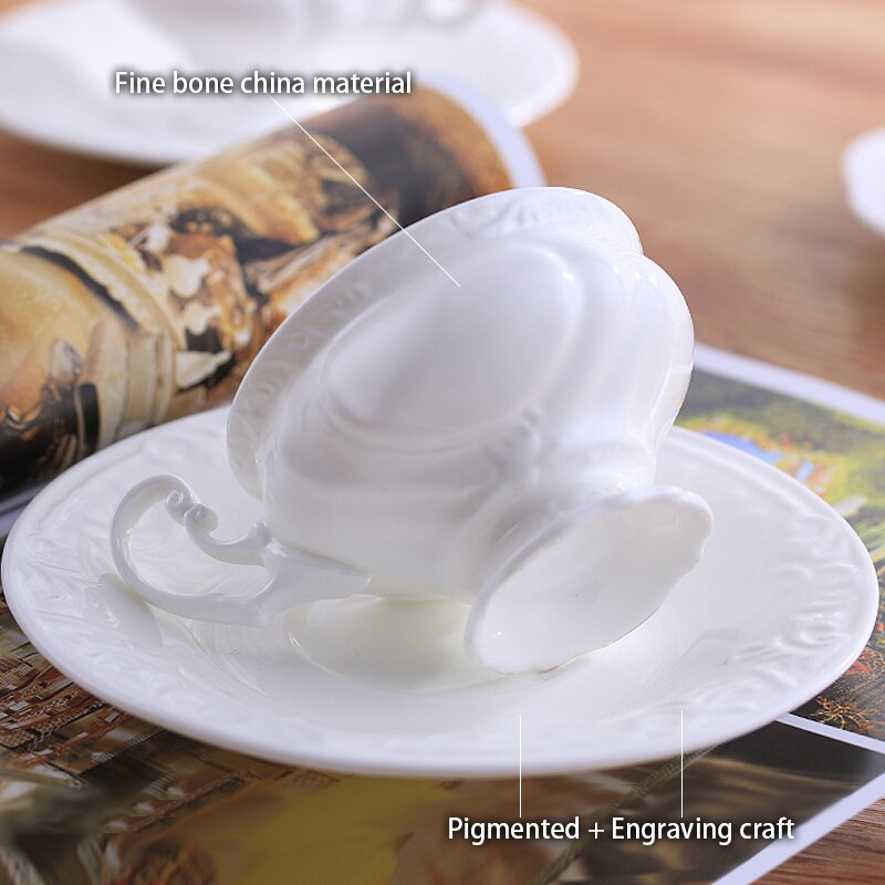 Carved bone china coffee cup dish Spoon Set 180ml simple ceramic tea cup simple white porcelain cup tea boat