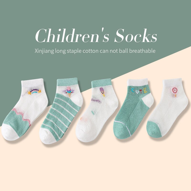 Wecute 5 Pairs Baby Sokken Set Zomer Mesh Ademende Sokken Zachte Comfortabele Cartoon Print Voor 1-9years Jongens Meisjes: B / S for 1-3Y