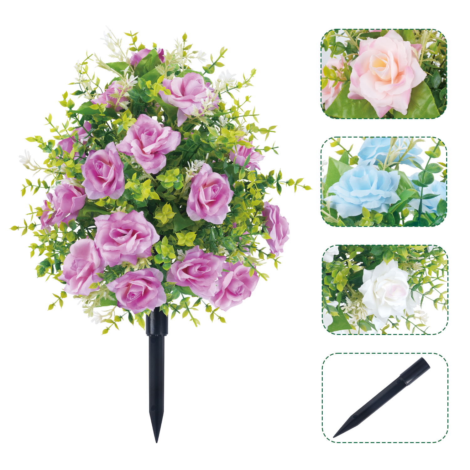 Rosa de flores artificiales con picos de tierra, estaca de jardín, arbustos verdes de imitación, decoración de jardín, porche de jardín al aire libre, decoración de boda