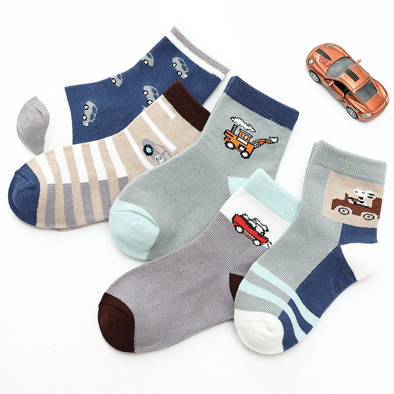 Chaussettes en coton pour enfants de 3 à 15 ans, pour garçons, jolis motifs de dessins animés, automne et hiver, 5 paires/lot