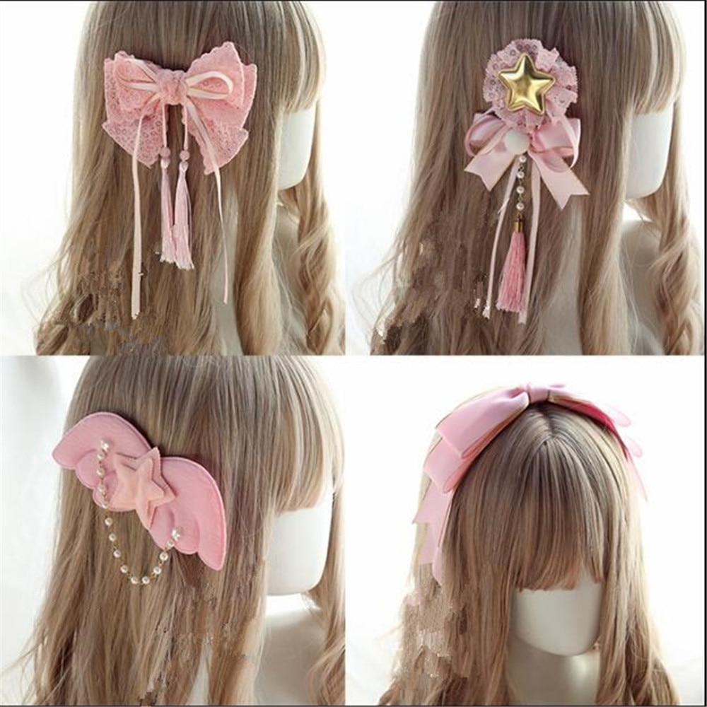Roze Haar Clip Zoete Lolita Vrouwen Boog Haarspeld Hoofddeksels Japanse Meisje Leuke Haar Ornamenten Side Clip B902