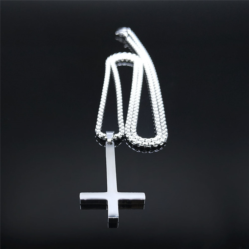 Collar con cruz al revés de acero inoxidable pagano de brujería, collar con cruz invertida para mujeres/hombres, joyería collier N8373S02