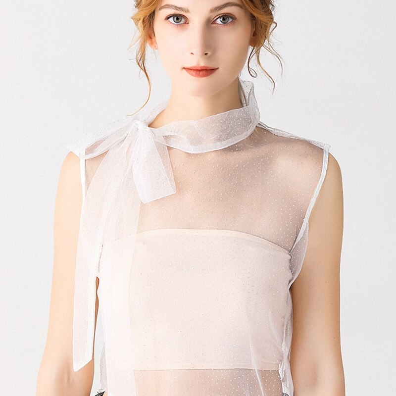 Dames coltrui strik nep kraag doorschijnend gaas glanzende pailletten afneembare trui half topje shirt decoratief vest