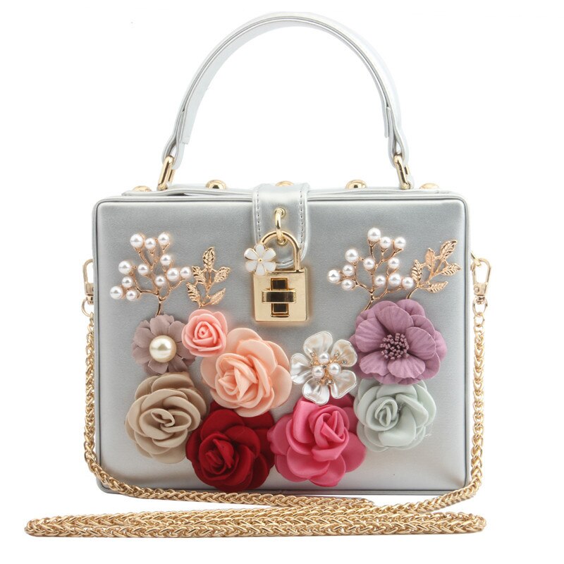 Luxe Handtassen Voor Vrouwen Diamant Schouder Crossbody Tassen Kettingen Avond Flappen Dames Bloem Doos Lock Clutch Purse: Silver
