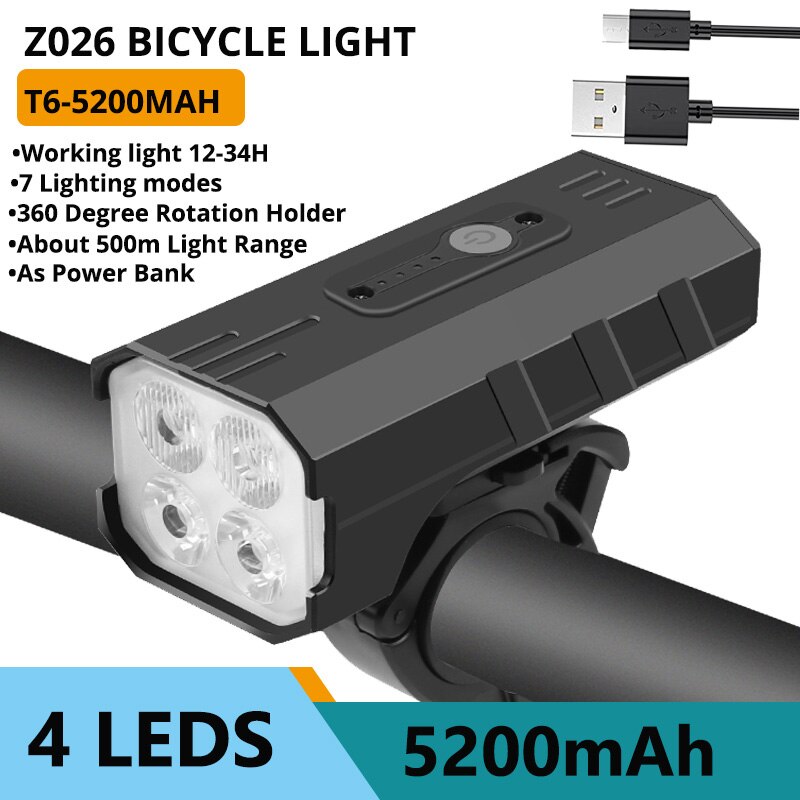 TRLIFE-Luz LED impermeable para bicicleta, linterna de 10000 lúmenes y faro como banco de energía, recargable por USB, 8 LED, 7000 mAh: 4LEDS-5200MAH SET