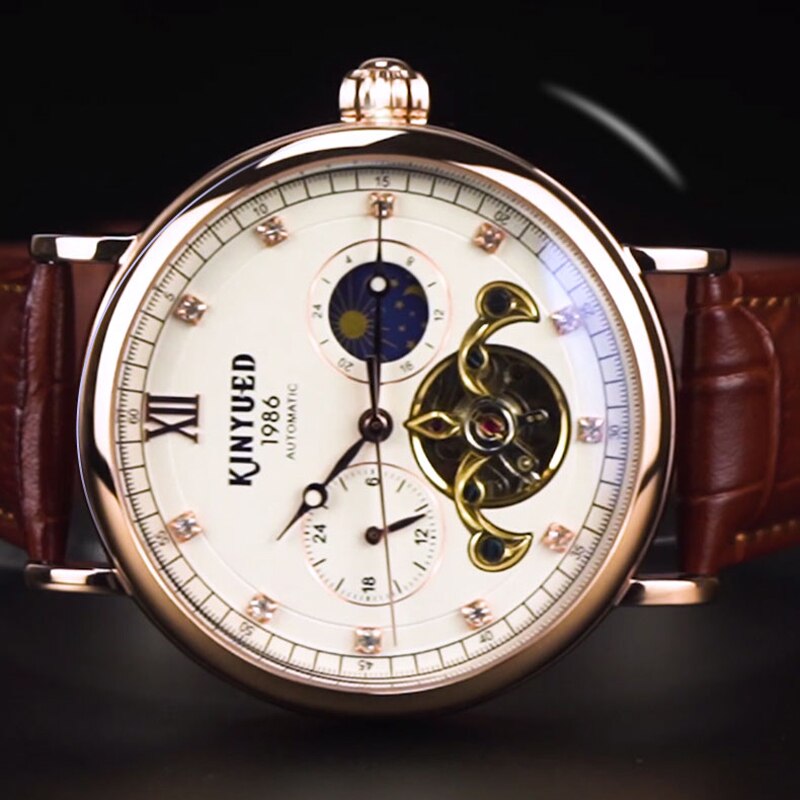 KINYUED-reloj con movimiento mecánico para hombre, Tourbillon, automático, esqueleto hueco, de negocios, reloj luminoso resistente al agua, J053