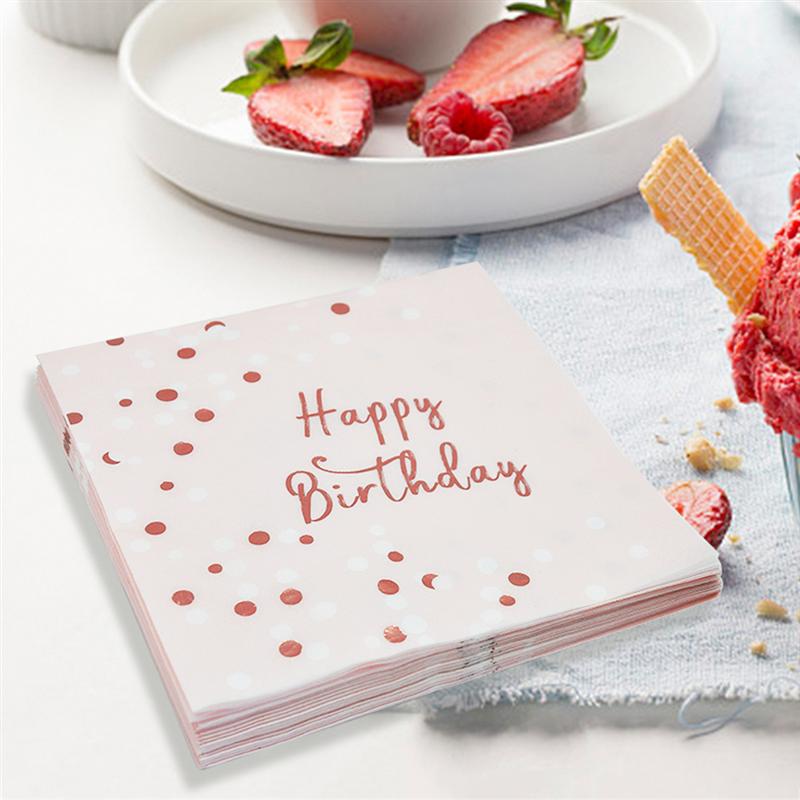 16 stk lyserøde tillykke med fødselsdagen servietter forgyldning prikker trykt tissue middag papirhåndklæde fest forsyninger