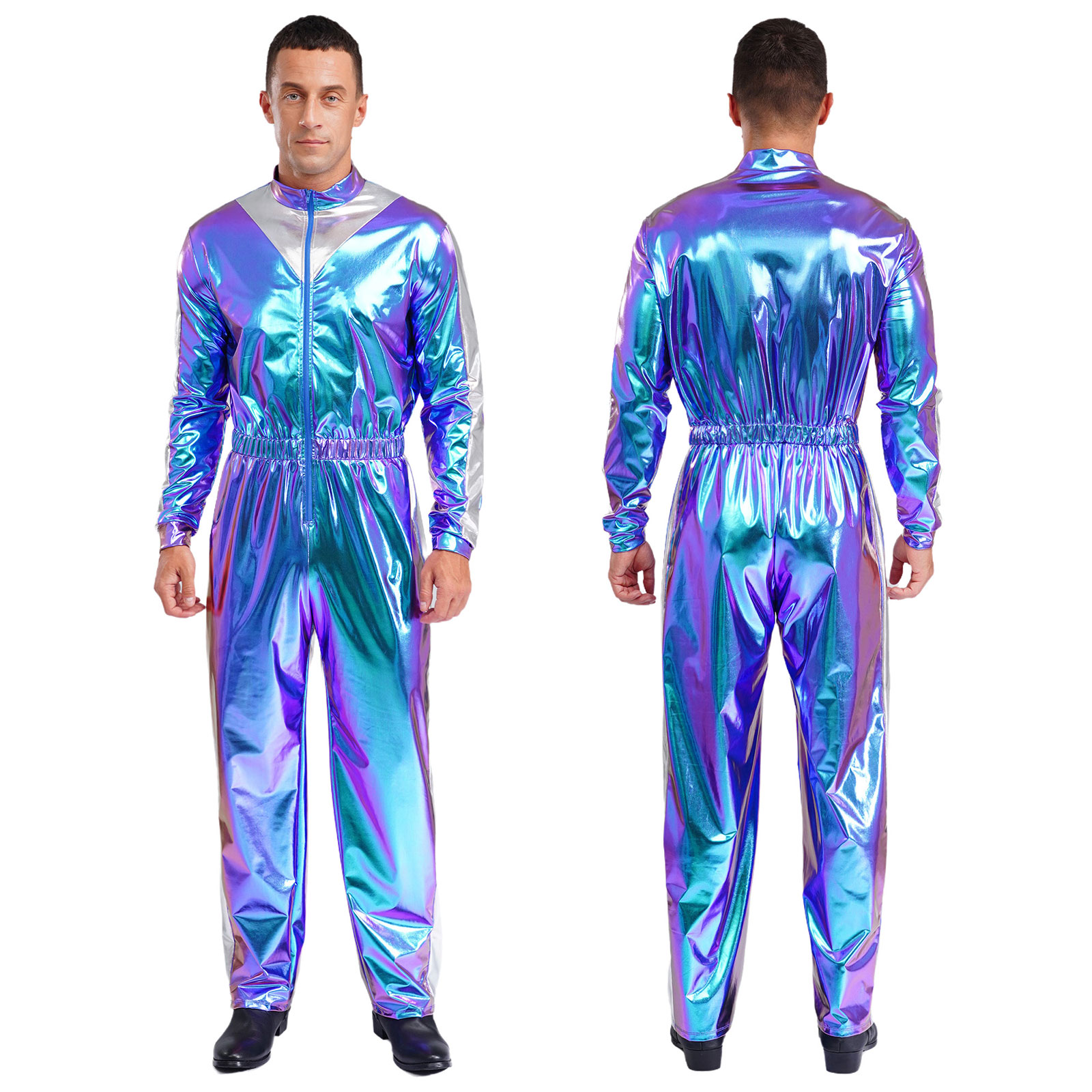 Mens Sparkly Shiny Astronaut Alien Outer Space Cosplay Costume Long Sleeves Unitards Jumpsuit Rave Club Wear Spaceman Outfits: L / Beige
