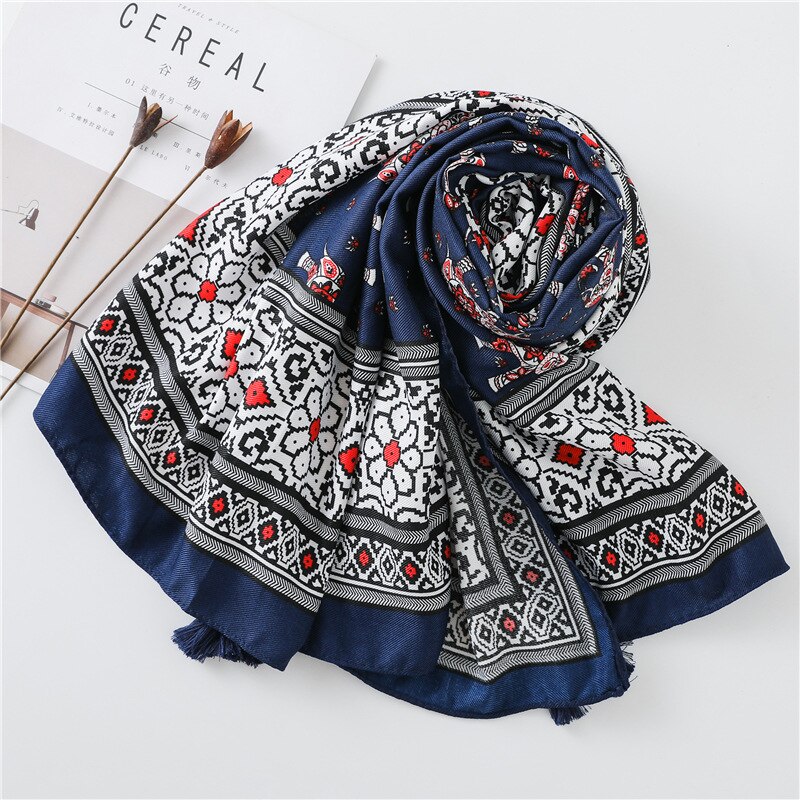 Floral Elephant Print Silk Wool Blend White Pashmina Stole