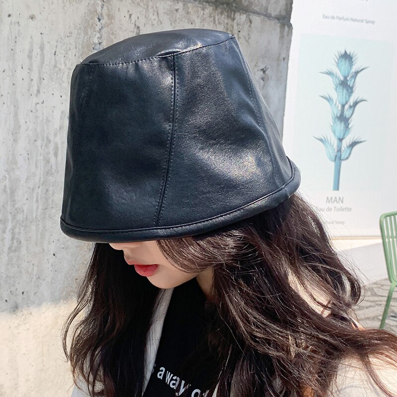 Pu læder spand hat efterår koreansk harajuku afslappet fisker cap kvinder solid håndvask hat panama femme retro kunst hat