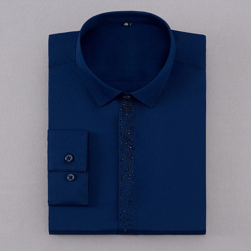 Men's Diamond Hidden Buttons Dress Shirt Pocket-less Long Sleeve Standard-fit Wrinkle Resistant Shirts