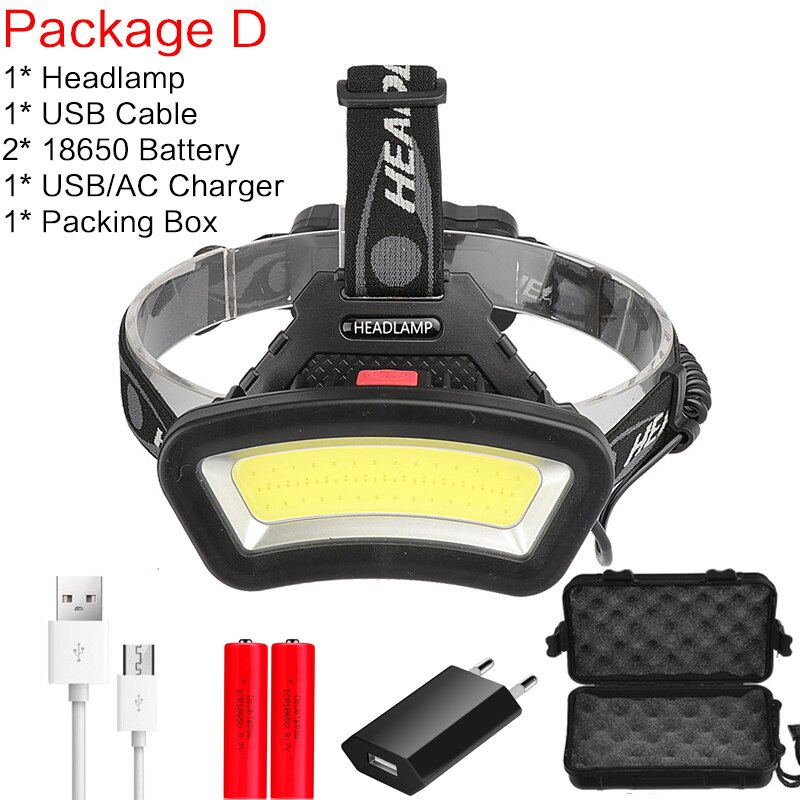 Rechargeable LED Headlight 200m Long Lighting Distance Headlamp Wide Angle COB Head Lamp light Lantern USB Use 2*18650: Package D