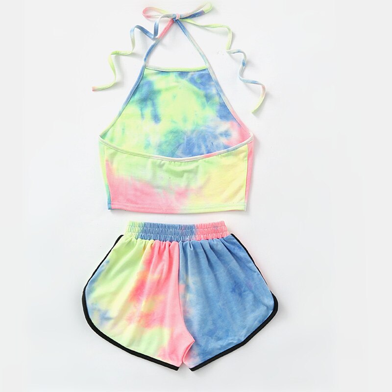 Deux pièces femmes ensembles Sexy à lacets cravate colorant imprimé hauts courts et élastique taille dégradé imprimé court costume ensembles WDC4428