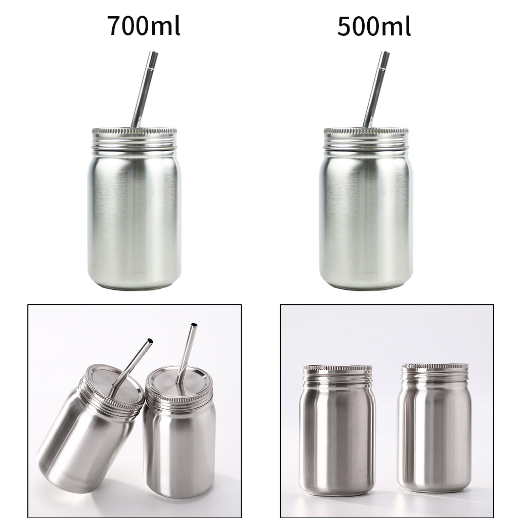 Mason Jar Silver, Stainless Steel Tumbler Jar with Lid and Straw, Sublimation Mugs Heat Transfer Travel Mugs