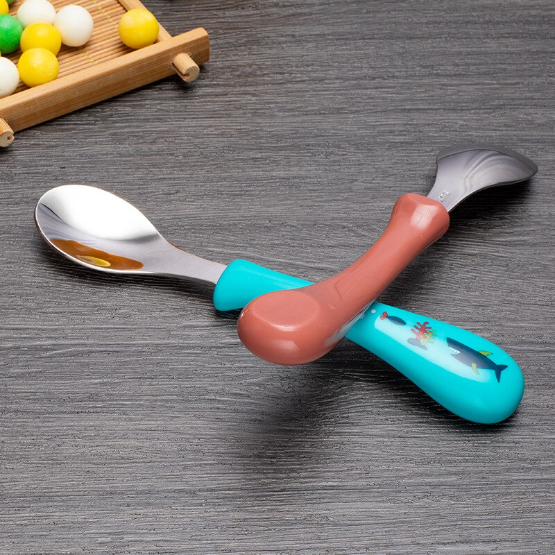 Juego de cuchara y tenedor para bebé, cubiertos de acero inoxidable de seguridad para alimentación de niños, utensilio de dibujos animados, vajilla infantil, 2 piezas