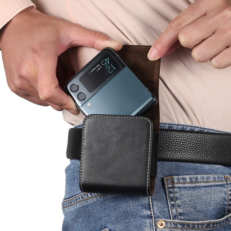 Leather Phone Pouch For Samsung Z Flip 3 2 1 SM-F7110 F7070 Belt Clip Holster Cloth Phone Case For Motorola Razr 5g Waist Bag