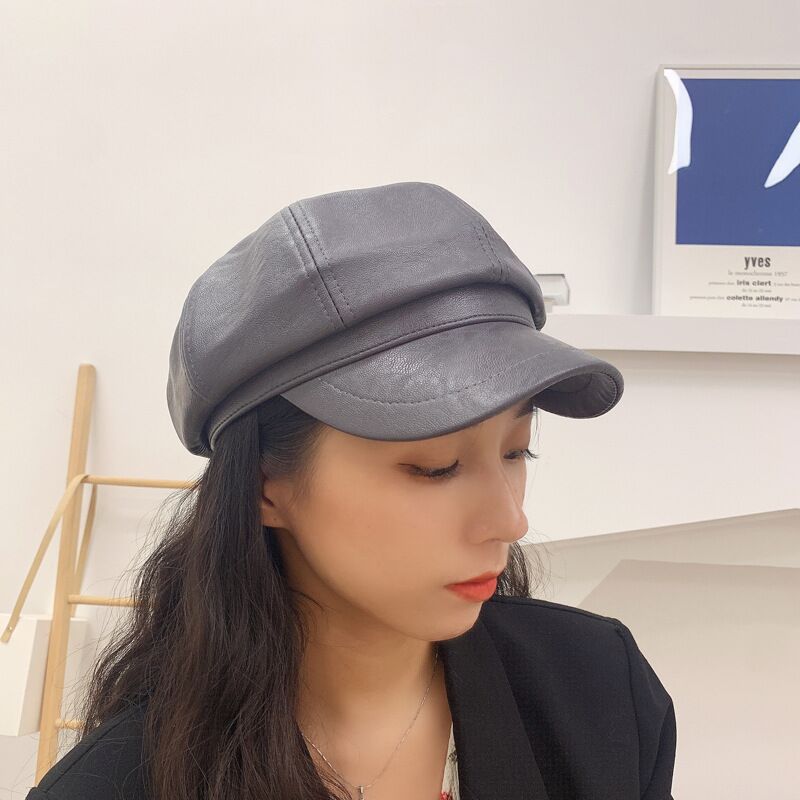 Solide PU cuir octogonal chapeaux pour femmes automne hiver angleterre rétro gavroche casquettes femme peintre casquettes décontracté visières chapeau: gray