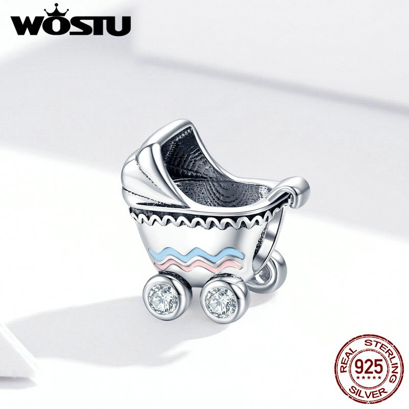 Wostu autêntico 925 prata esterlina charme carrinho de bebê contas caber encantos pulseiras originais prata 925 jóias cqc1539