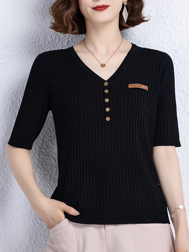 Yisu Zomer Vrouwen Trui V-hals Effen Kleur Tops Korte Mouw Losse Vrouwelijke Casual Gebreide Trui Vrouwen Kleding 2022: Black / Xxl