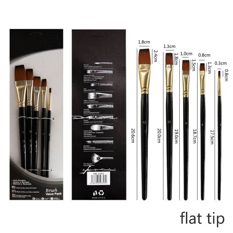 Artist Paint Brush Set 5Pcs Nylon Hair Wood Black Handle Watercolor Acrylic Oil Brush Painting Art Supplies: flat tip