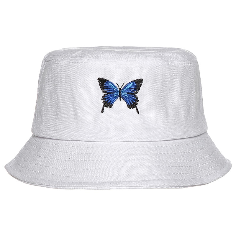Panama med sommerfugl spand hat kvinder hvid sommerfugl broderi dobbeltsidet sommer fisker hat bob udendørs sol hatte kasket: Default Title